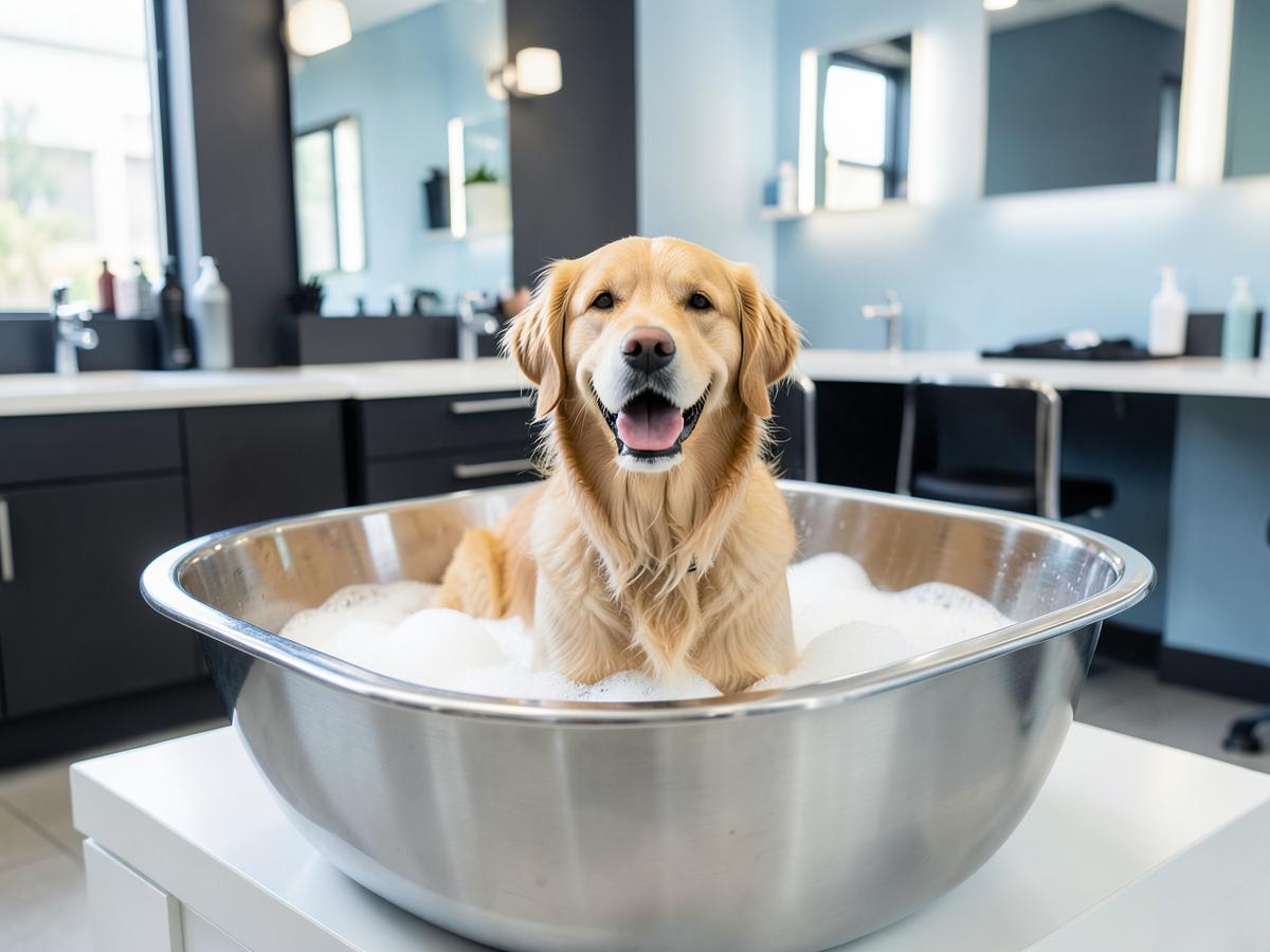 Golden retriever enjoying a foam bath in a stainless steel tub