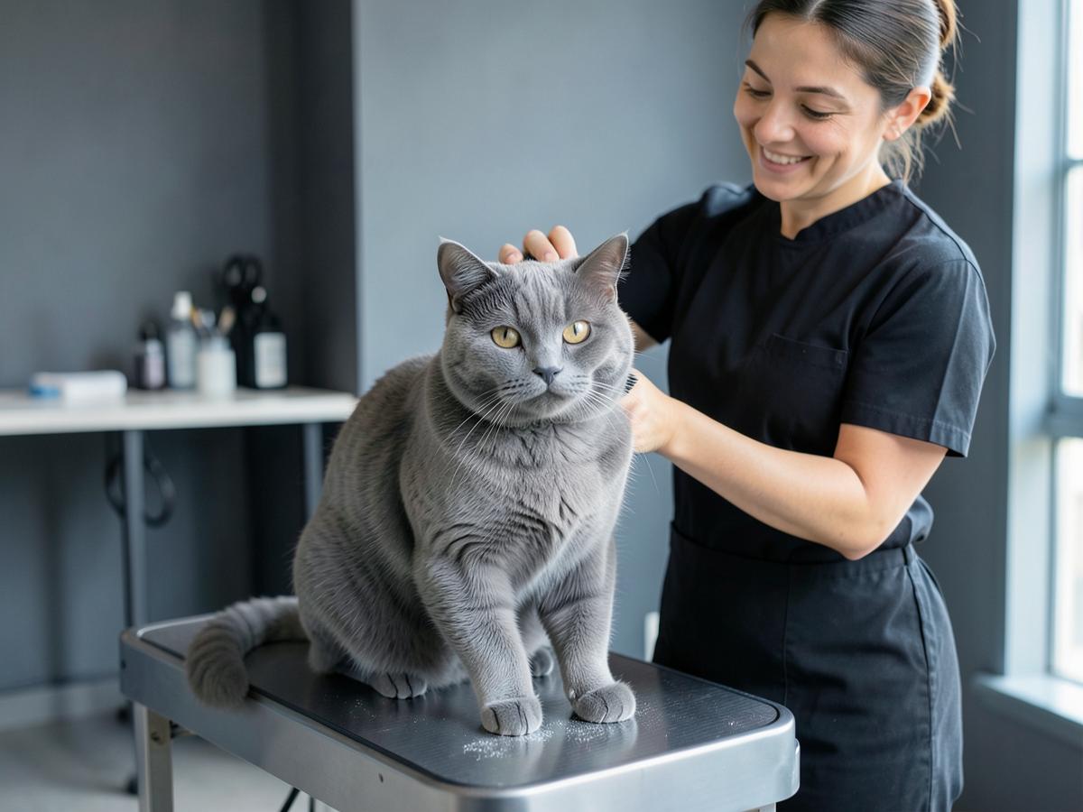 Grey cat being gently brushed by a groomer